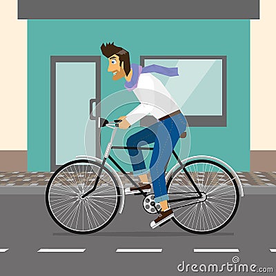 Handsome guy rides a bike Vector Illustration
