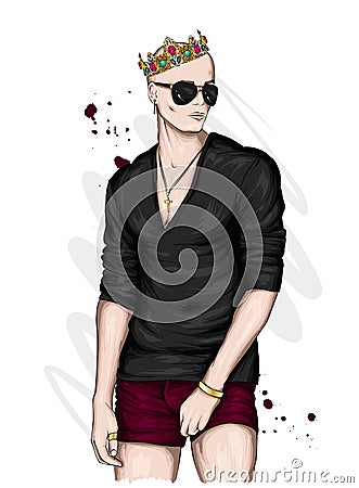 Handsome guy in stylish clothes and a crown. Fashion and style, accessories. Vector illustration. Vector Illustration