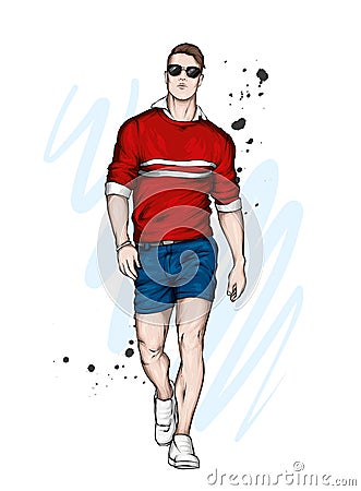 Handsome guy in stylish clothes. Fashion and style, accessories. Vector illustration. Vector Illustration