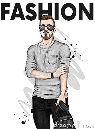 Handsome guy in stylish clothes and glasses. Vector illustration for greeting card or poster. Fashion & Style. Vector Illustration