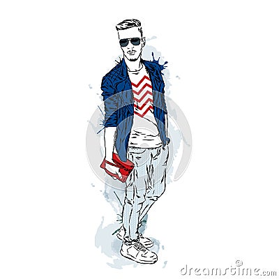 Handsome guy in stylish clothes. Hipster. Vector illustration for a card or poster. Vector Illustration