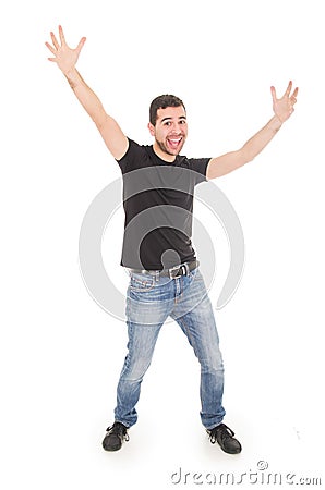 Handsome happy guy posing with arms up Stock Photo