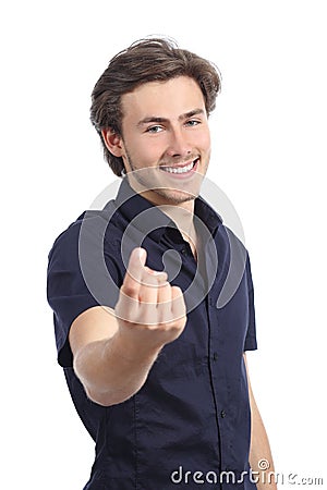 Handsome happy man beckoning inviting to come here Stock Photo