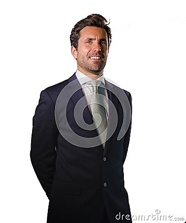 Handsome happy man in suit posing for company corporate business portrait relaxed and confident smiling happy isolated on white as Stock Photo