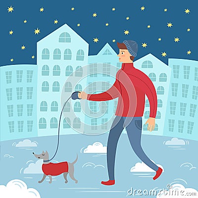 Handsome hipster man in winter clothes walking with his dog. Vector Illustration