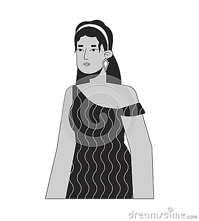 Handsome hispanic lady in 70s inspired clothes black and white 2D line cartoon character Vector Illustration