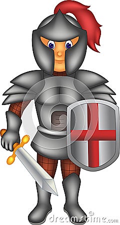 Handsome knight cartoon standing bring sword with laughing Cartoon Illustration