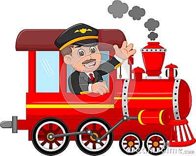 Handsome machinist cartoon uo train with smile and waving Stock Photo