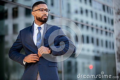 Smart intelligent successful modern african american business man in stylish suit and glasses, lifestyle candid portrait Stock Photo