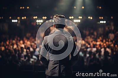 Handsome male motivational speaker holding a microphone in front on an audience. Man in a spotlight talking to a crowd Stock Photo
