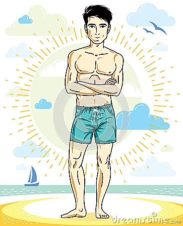 Handsome man adult standing on tropical beach in bright shorts. Vector Illustration