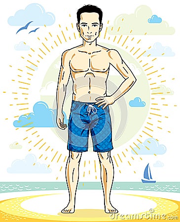 Handsome man adult standing on tropical beach in bright shorts. Vector Illustration