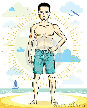 Handsome man adult standing on tropical beach in bright shorts. Vector nice and sporty man illustration. Vector Illustration