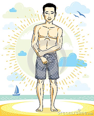 Handsome man adult standing on tropical beach in bright shorts. Vector nice and sporty man illustration. Vector Illustration