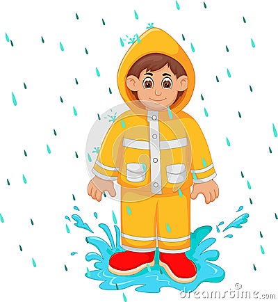 Handsome man cartoon under rain use yellow raincoat Stock Photo