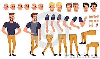 Handsome man creation set with various views, poses, face emotions, haircuts and hands gestures. Cartoon male character Vector Illustration