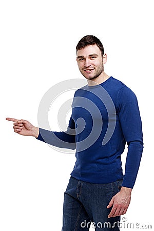 Handsome man pointing left isolated on white Stock Photo