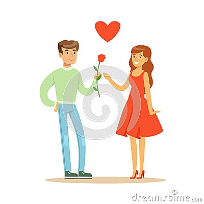 Handsome man giving rose to his beautiful girlfriend in red dress colorful character vector Illustration Vector Illustration