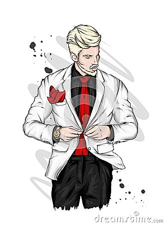 Handsome man in a jacket, shirt and tie and pants. Stylish guy in a suit. Vector illustration, fashion and style, clothing. Vector Illustration