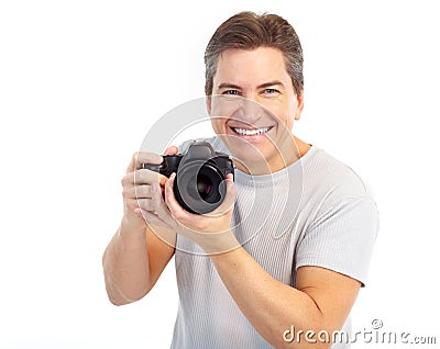 Handsome man with photo camera Stock Photo