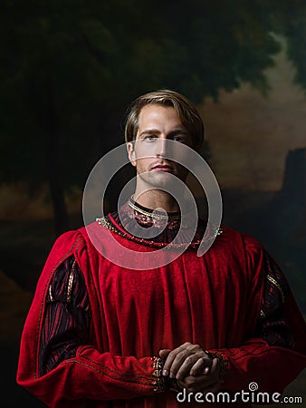Handsome man in a Royal red doublet. Stock Photo