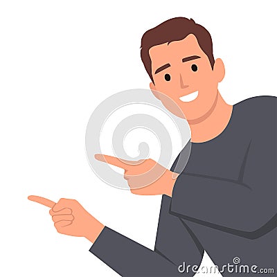 Handsome man showing and pointing fingers at wall and upper left corner with happy expression advices use this copy space Vector Illustration