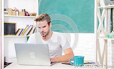 Handsome man use modern technology. Improve knowledge. Programming web development. Digital technology. Apply online Stock Photo