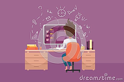 Handsome man is working at his laptop at home, online education or distance work. Vector Illustration