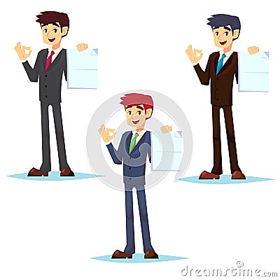 Handsome manager in formal suit holding a blank sheet and ok finger. Cartoon character set - cute businessman office Vector Illustration