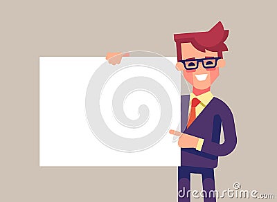 Handsome manager in formal suit holding a blank sheet and pointing by index finger to it. Vector flat illustration. Cartoon Illustration
