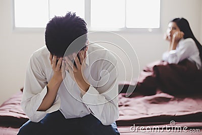 Handsome man get disappointed that his wife tell him for divorce because she get new boyfriend. Guy get shocked, sadness and Stock Photo