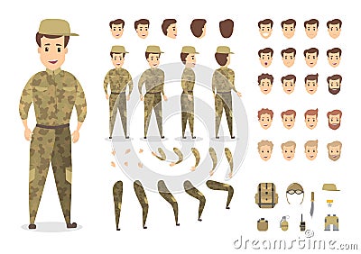 Handsome military character set for animation Vector Illustration