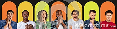 Handsome millennial black, european and japanese men with diverse emotions on colorful background Stock Photo