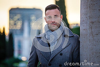 Handsome modern man in the city. Winter mens fashion Stock Photo