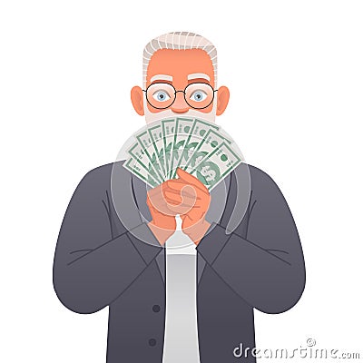 A handsome old gray-haired man with money in his hands. An elderly surprised man closes his mouth with dollar bills. A thinking Vector Illustration
