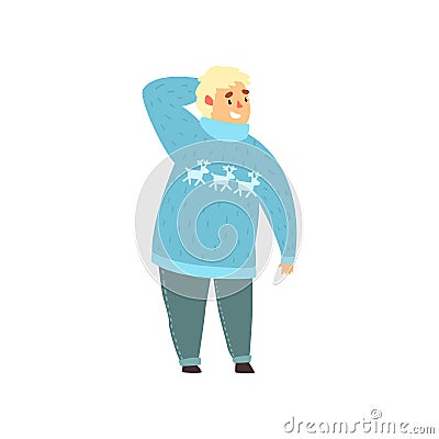 Handsome overweight man dressed in blue sweater with deers and jeans, fat guy in fashionable clothes, body positive Vector Illustration