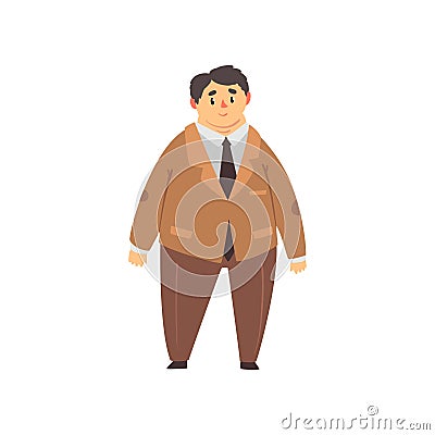 Handsome overweight man dressed brown suit, fat guy in fashionable clothes, body positive vector Illustration on a white Vector Illustration