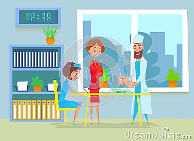 Handsome pediatrician doctor weighing a newborn child at polyclinic. Vector Illustration