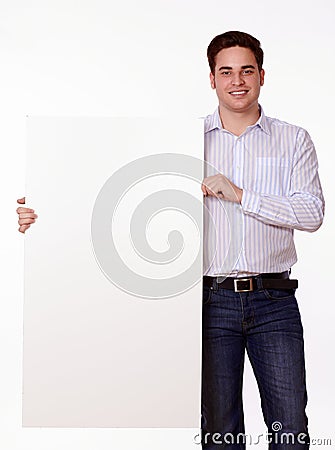 Handsome person holding up blank placard Stock Photo