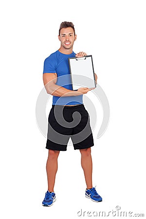 Handsome personal trainer with clipboard Stock Photo