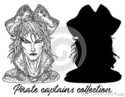 Handsome pirate captain and silhouette isolated on white Vector Illustration