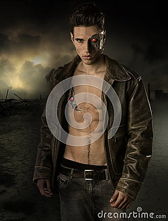 Handsome Robotic Man Wearing Leather Jacket Stock Photo