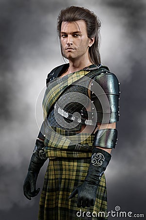 Handsome Scottish Warrior Prince wearing traditional tartan kilt and body armour / armour Stock Photo