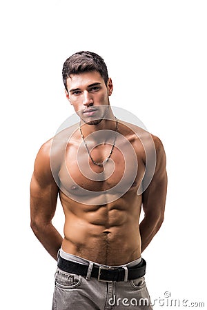 Handsome shirtless athletic young man on white Stock Photo