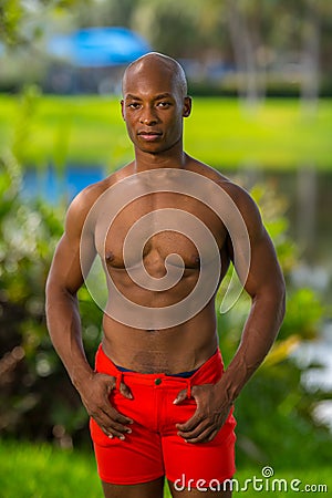 Handsome shirtless male fitness model posing in the park Stock Photo