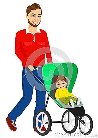 Handsome single father pushing stroller Vector Illustration