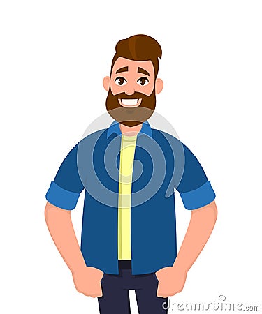 Handsome smart man posing with keeping hands in pockets and smiling. Vector Illustration