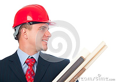 Handsome smiling engineer with hard hat on his hea Stock Photo