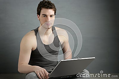 Handsome student young man sit working laptop Stock Photo