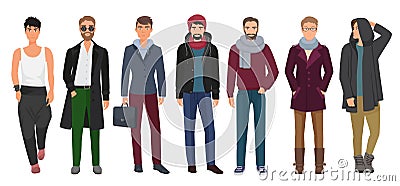 Handsome and stylish men set. Cartoon guys male characters in trendy fashion clothes. Vector illustration. Vector Illustration